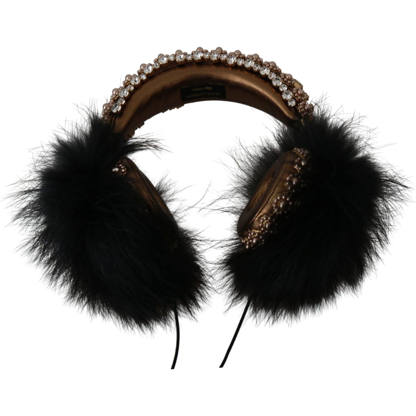 Dolce & Gabbana Gold Black Crystal Fur Headset Audio Headphones