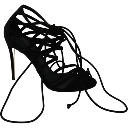 Dolce & Gabbana Black Suede Strap Stilettos Shoes Sandals Heeled Sandals