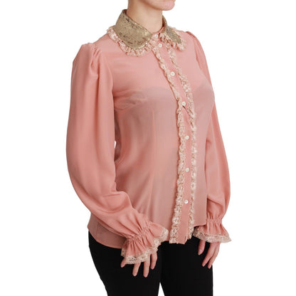 Dolce & Gabbana Pink Silk Gold Sequin Lace Blouse Shirt