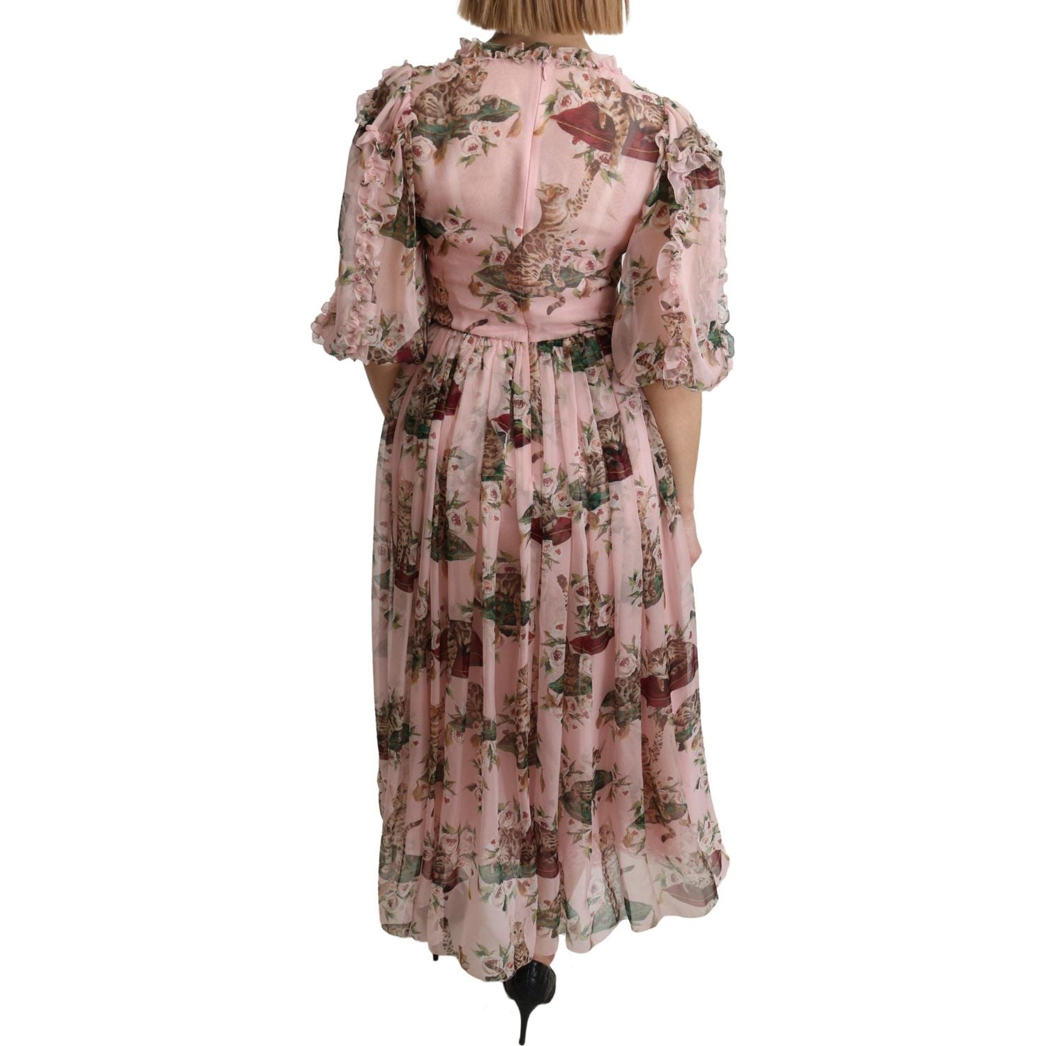 优雅粉色孟加拉猫印花 A 字长裙