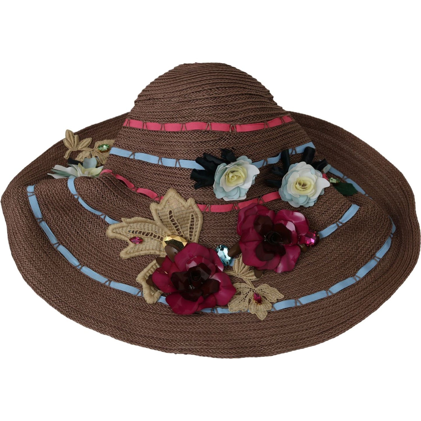 Dolce & Gabbana Brown Floral Wide Brim Straw Floppy Cap Hat Hat