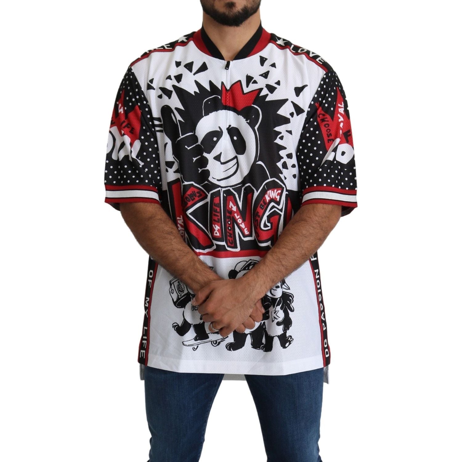 تي شيرت دولتشي آند غابانا شيك باللون الأبيض بطبعة باندا كينج وياقة بسحاب