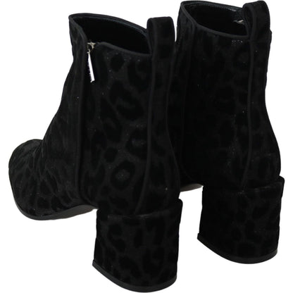 Dolce & Gabbana Black Leopard Short Boots Zipper Shoes