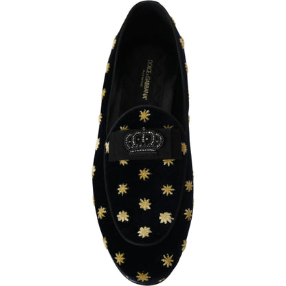 Dolce & Gabbana Blue Velvet Crown Slippers Loafers Shoes