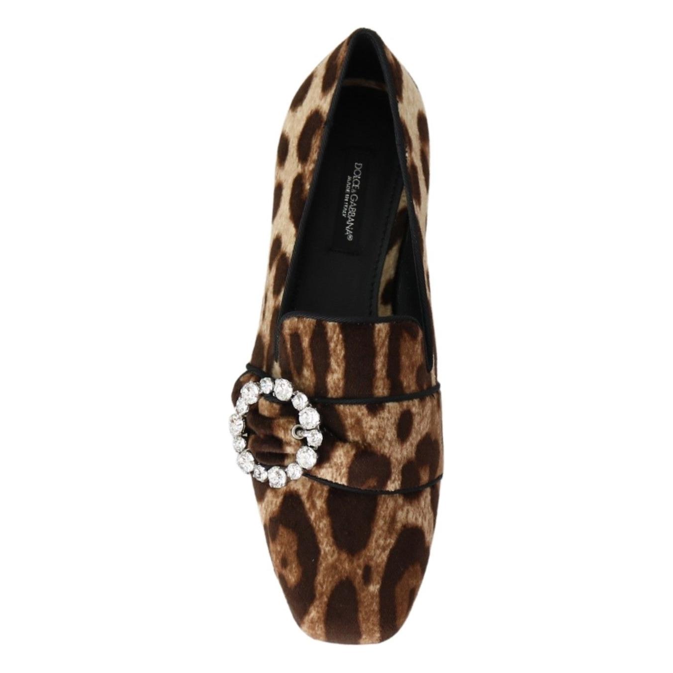 Dolce & Gabbana Brown Leopard Print Crystals Loafers Flats Shoes