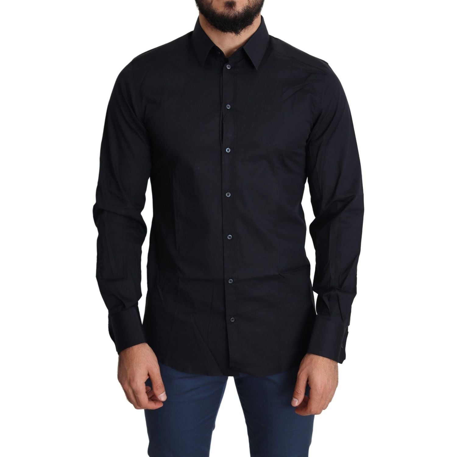 时尚黑色修身棉质弹力衬衫