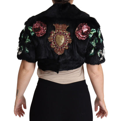 Dolce & Gabbana Black Rabbit Fur Crystals Sequin Coat