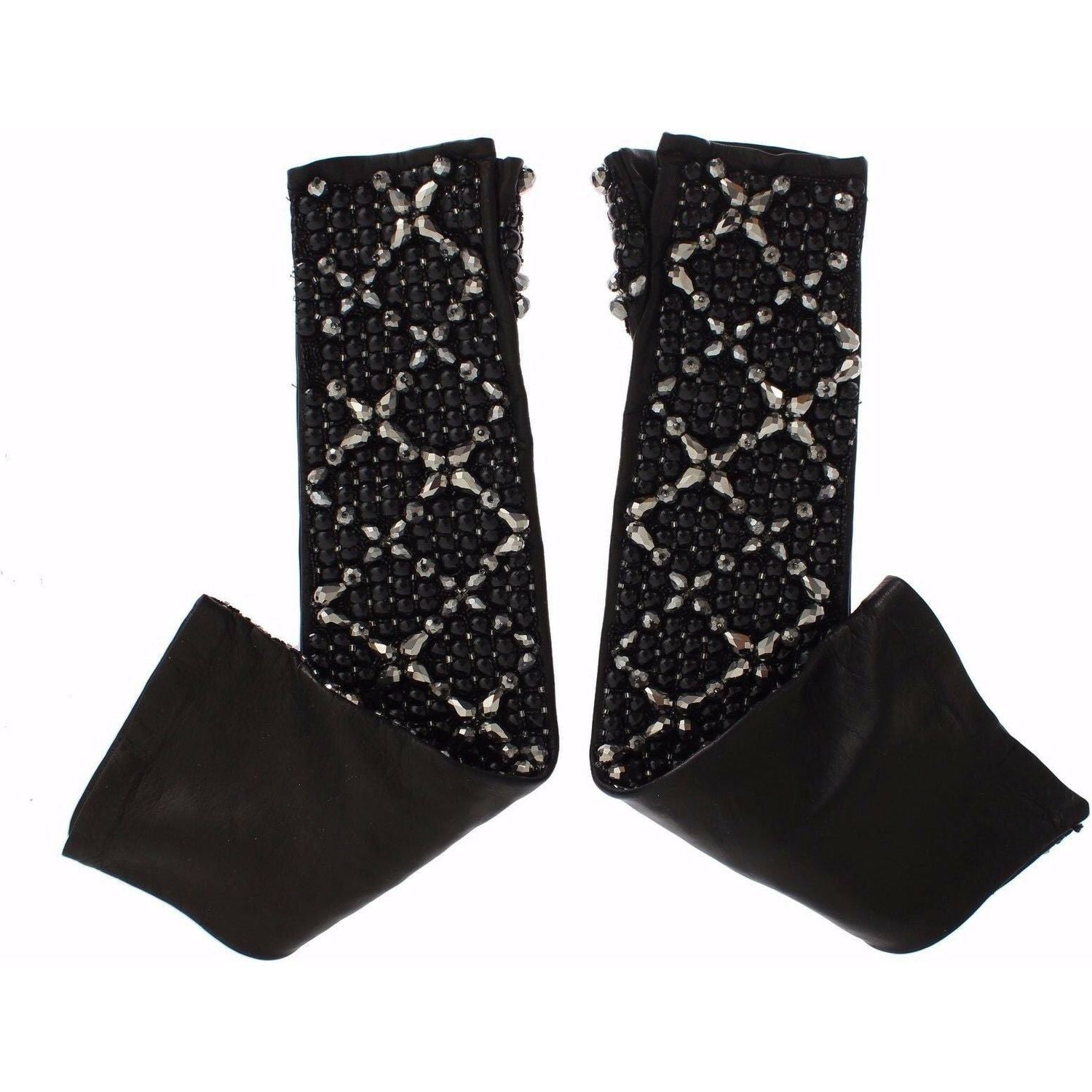 Dolce & Gabbana Black Leather Crystal Beaded Finger Free Gloves