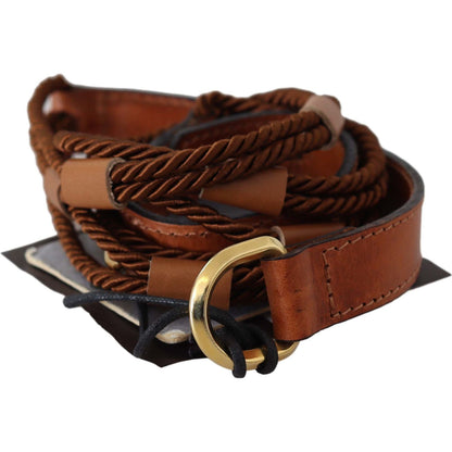 Scervino Street Brown Leather Braided Rope Gold Buckle Belt Belt