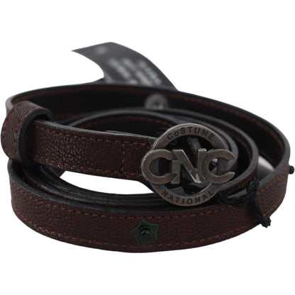 Costume National Brown Skinny Leather Round Logo Buckle Belt Belt
