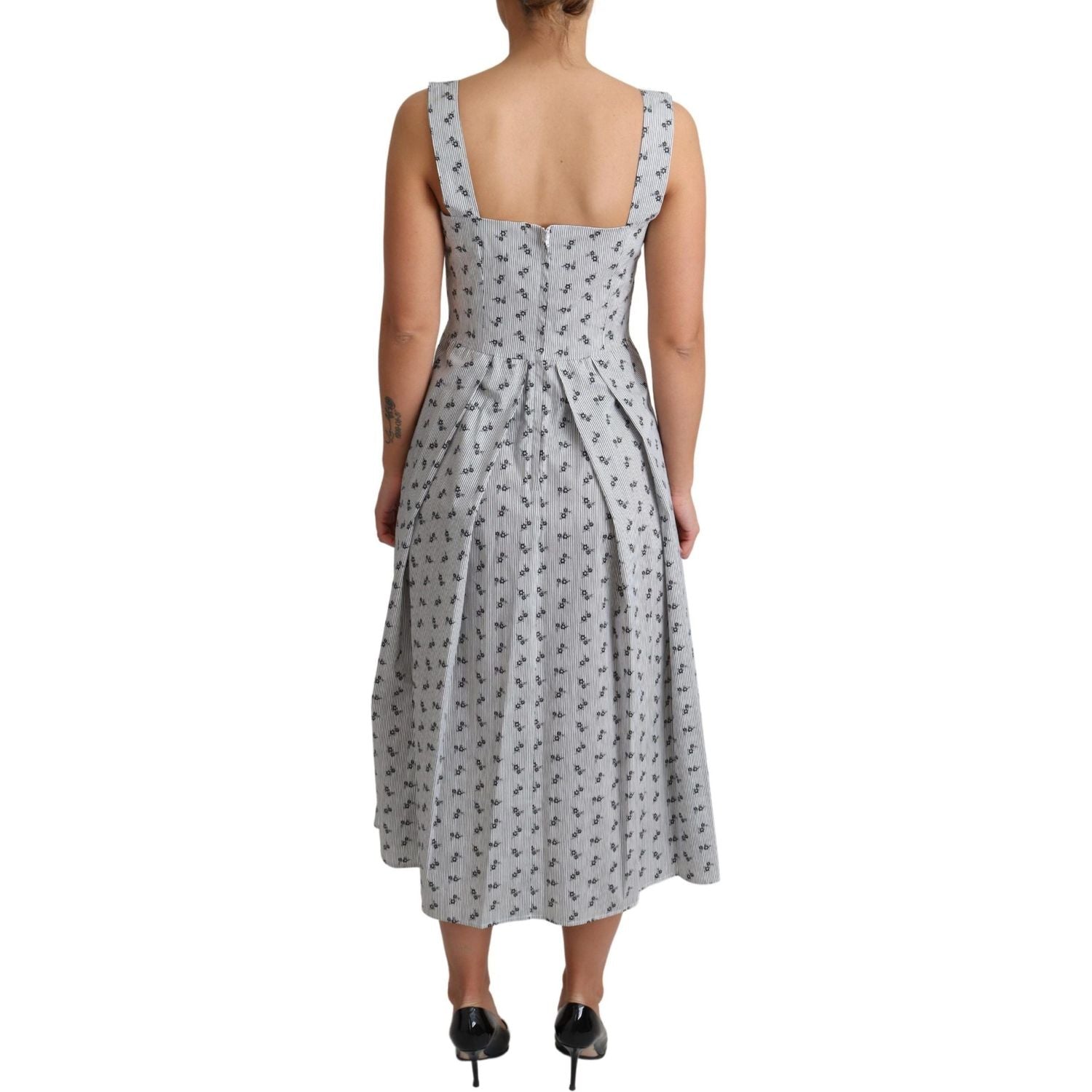 优雅条纹花卉 A 字形连衣裙