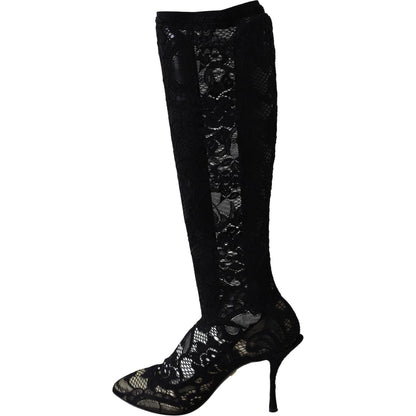 Dolce & Gabbana Black Taormina Lace Socks Boots Shoes Pumps