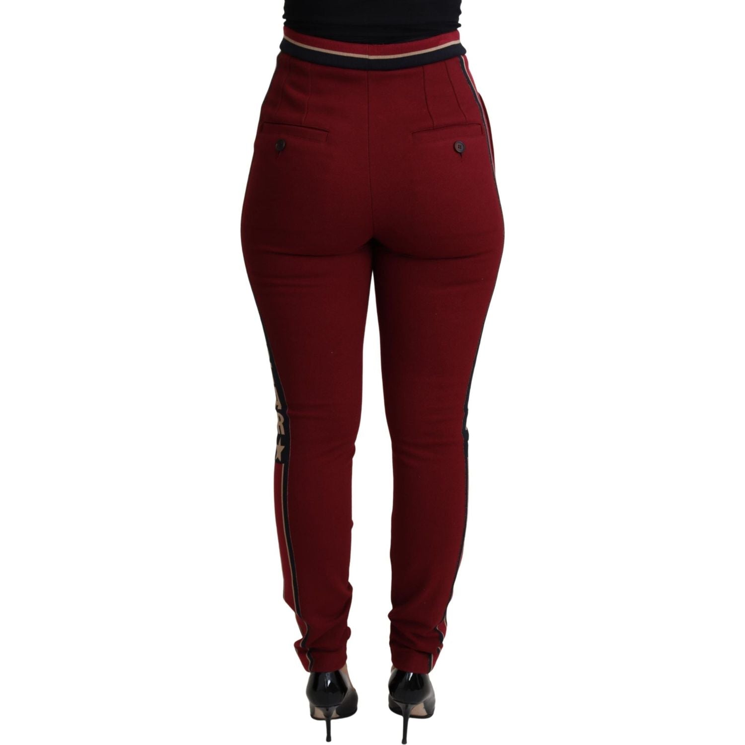 高腰刺绣红色紧身裤