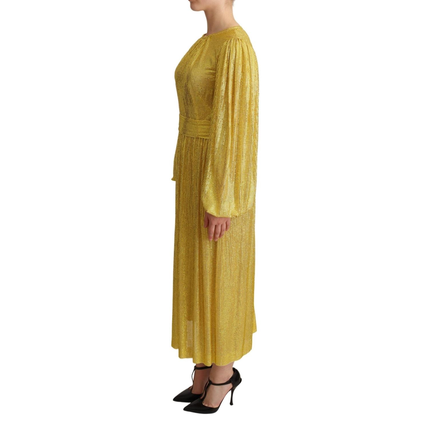 Dolce & Gabbana Yellow Crystal Mesh Pleated Maxi Dress