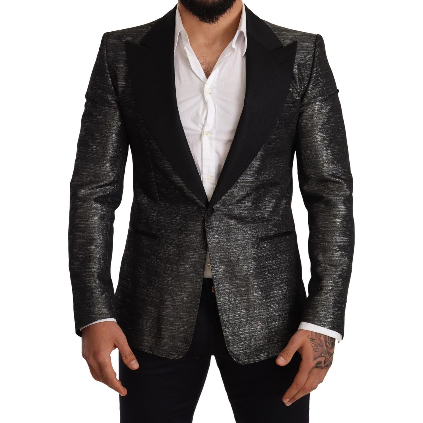 Dolce & Gabbana Gray Metallic Black Slim Tuxedo Blazer