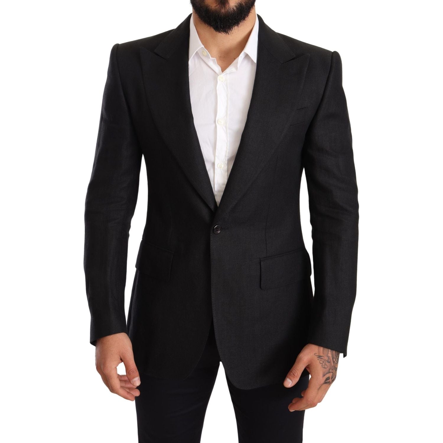 Dolce & Gabbana Black Linen Slim Fit Coat Jacket Blazer