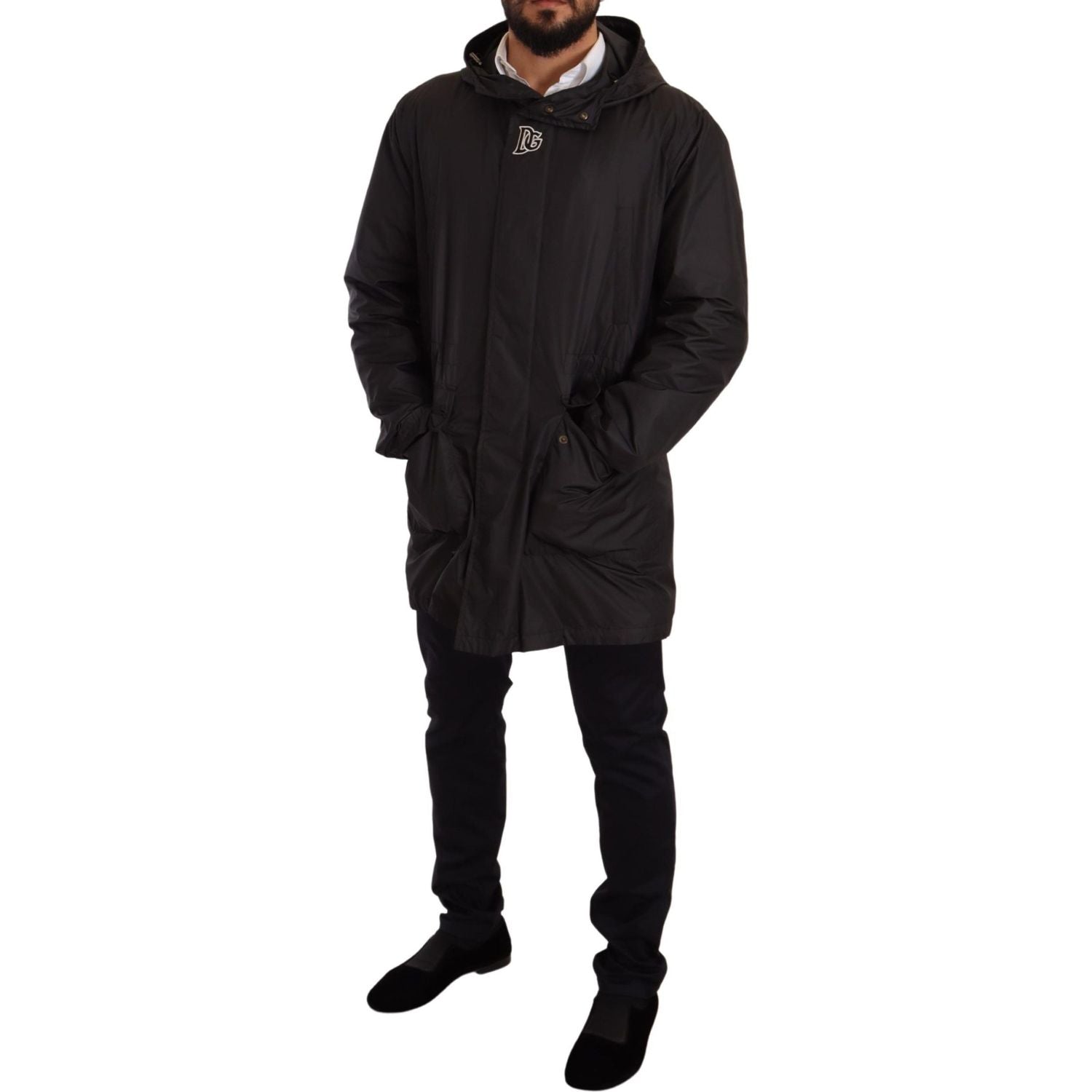 优雅黑色连帽宽松夹克