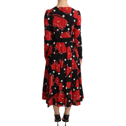 Dolce & Gabbana Black Sicily Bag Print Flared Midi Dress WOMAN DRESSES