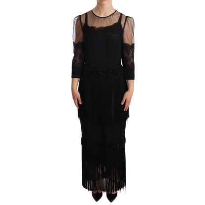 Dolce & Gabbana Black Sheer Floral Lace Crystal Maxi Dress WOMAN DRESSES