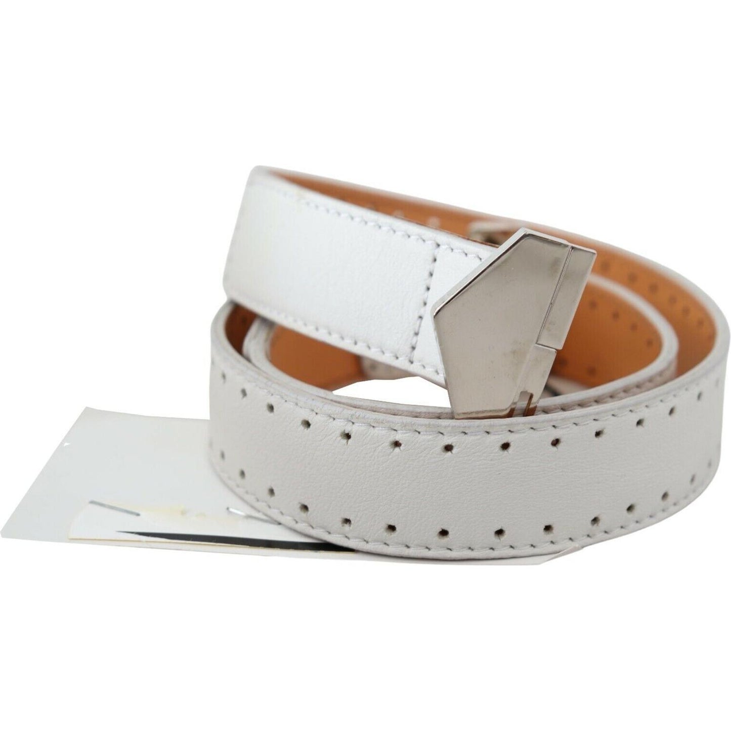 GF Ferre White Leather Hexagon Logo Buckle Waist Belt