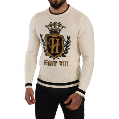Dolce & Gabbana White Heraldic Cashmere Pullover Sweater