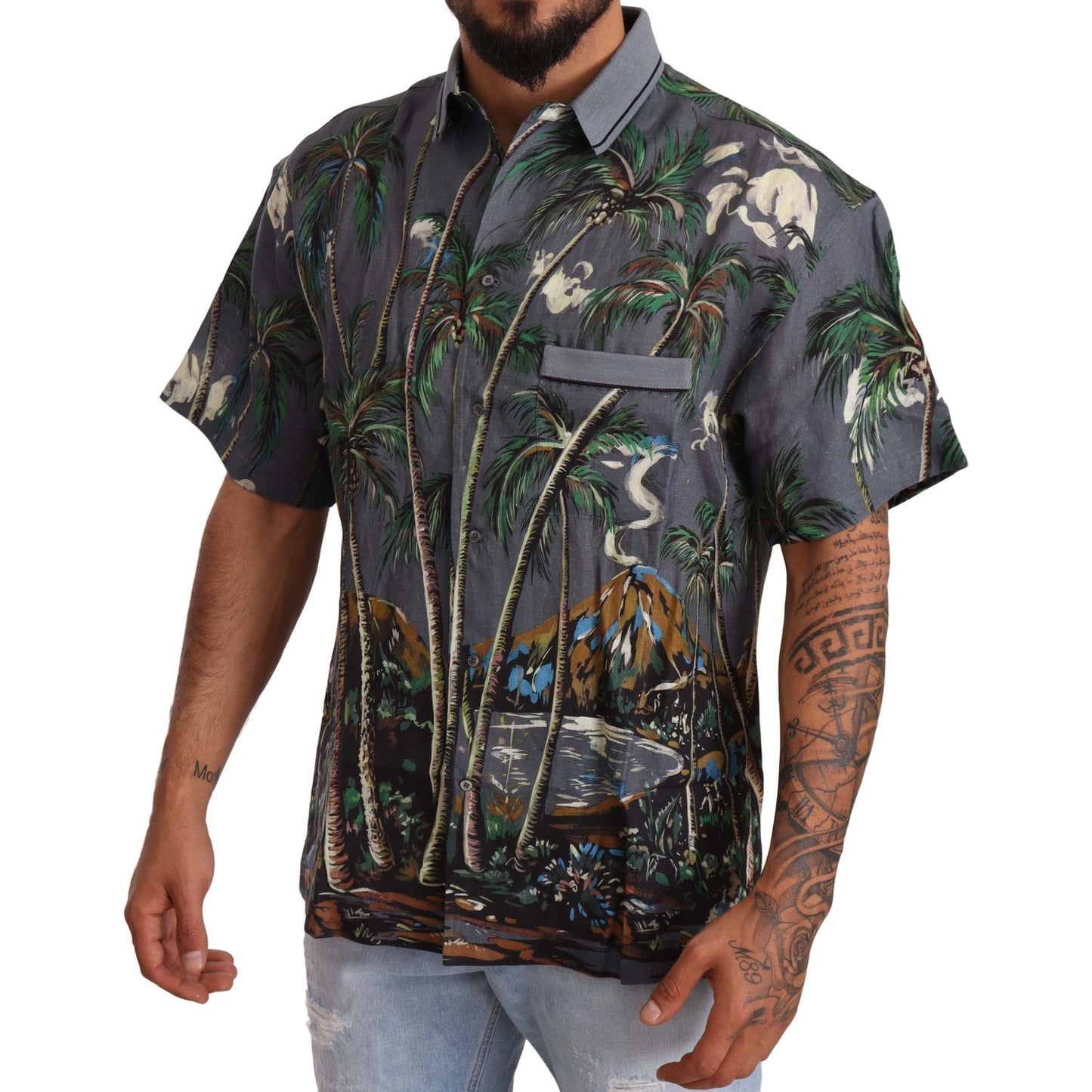 Dolce & Gabbana Gray Linen Tropical Print Collared Shirt