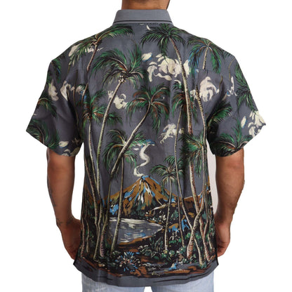 Dolce & Gabbana Gray Linen Tropical Print Collared Shirt