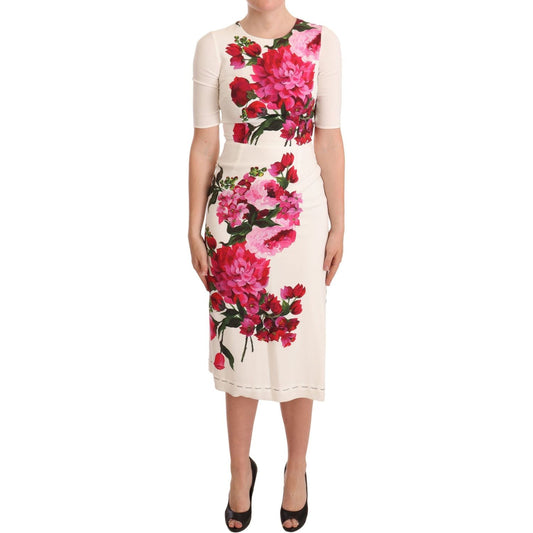 Dolce & Gabbana White Floral Printed Crepe Midi Slit Dress