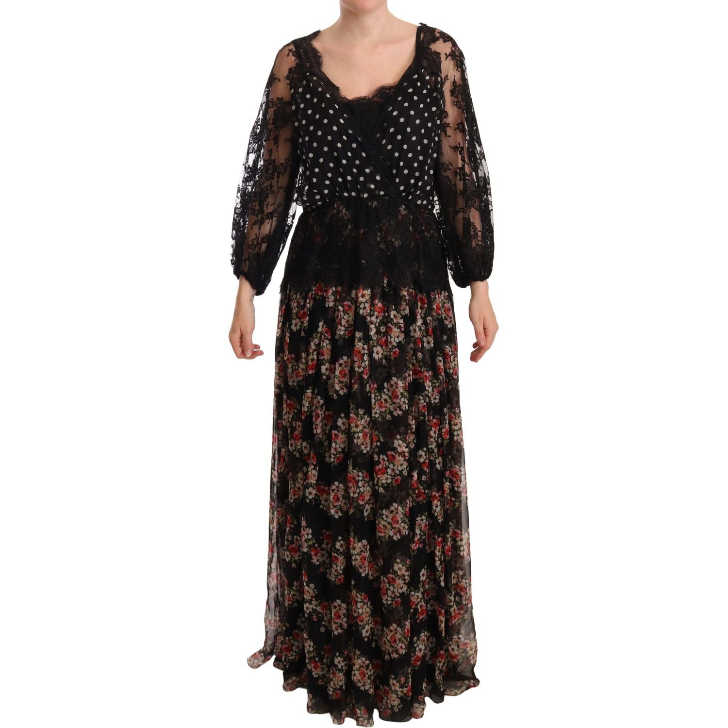 Dolce & Gabbana Black Lace Floral Polka Maxi Capri Dress