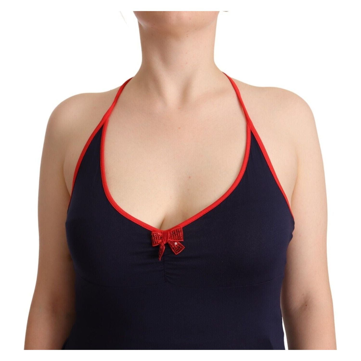 海军蓝色棉质中长挂脖连衣裙