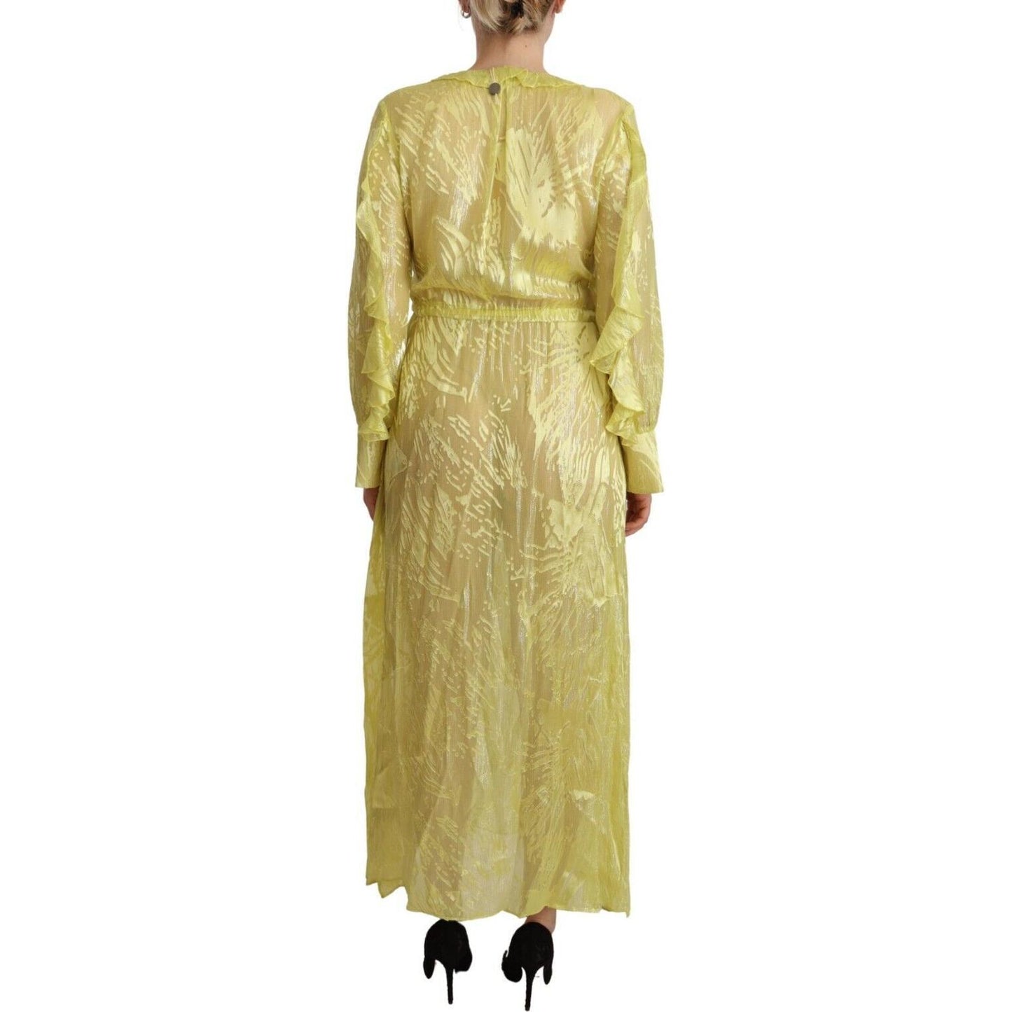 Patrizia Pepe Yellow Silk Long Sleeves Plunging Maxi Dress WOMAN DRESSES
