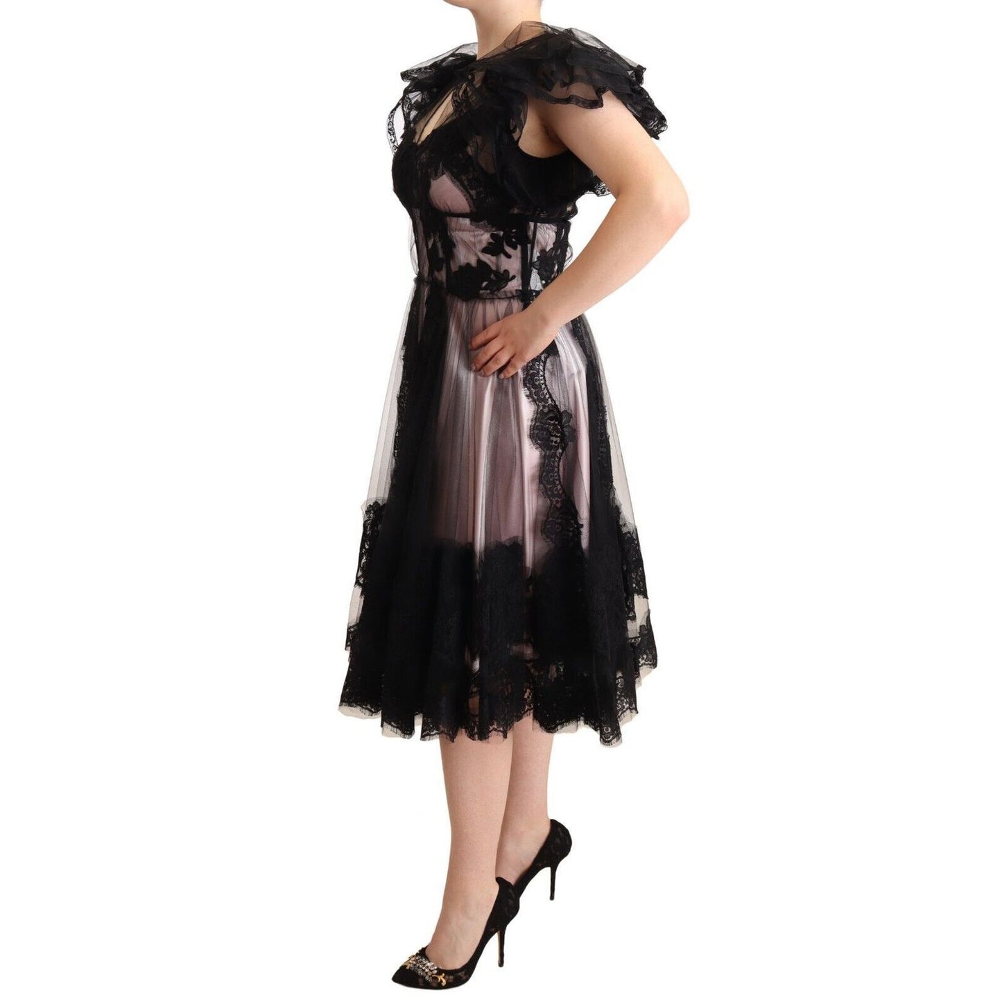 Dolce & Gabbana Black Pink Floral Lace A-line Midi Sheer Dress