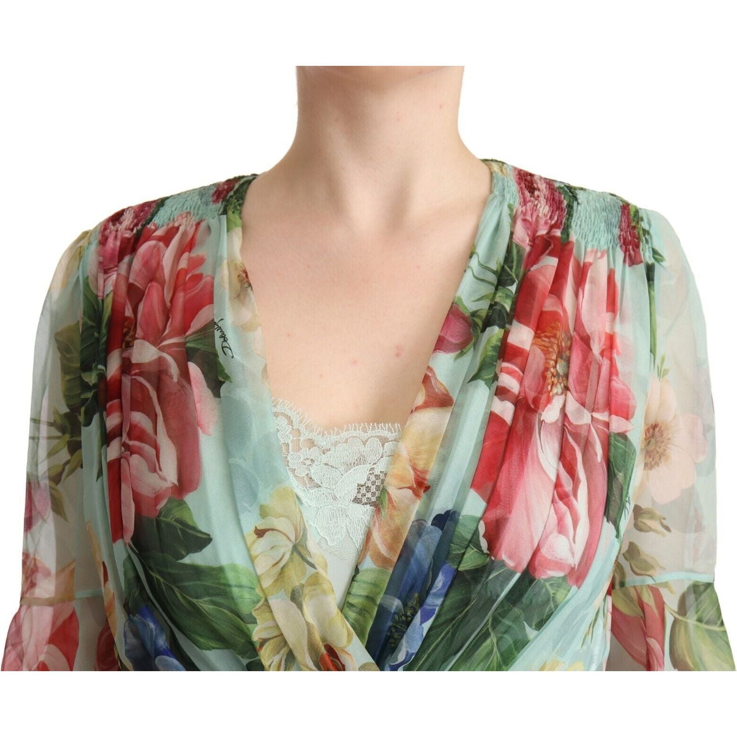 优雅花卉绿色中长真丝连衣裙