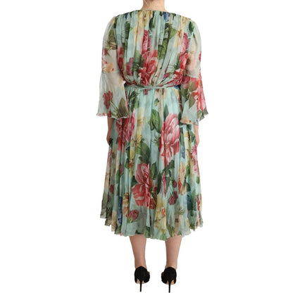 Dolce & Gabbana Green Floral Long Sleeves V-neck Midi Dress WOMAN DRESSES