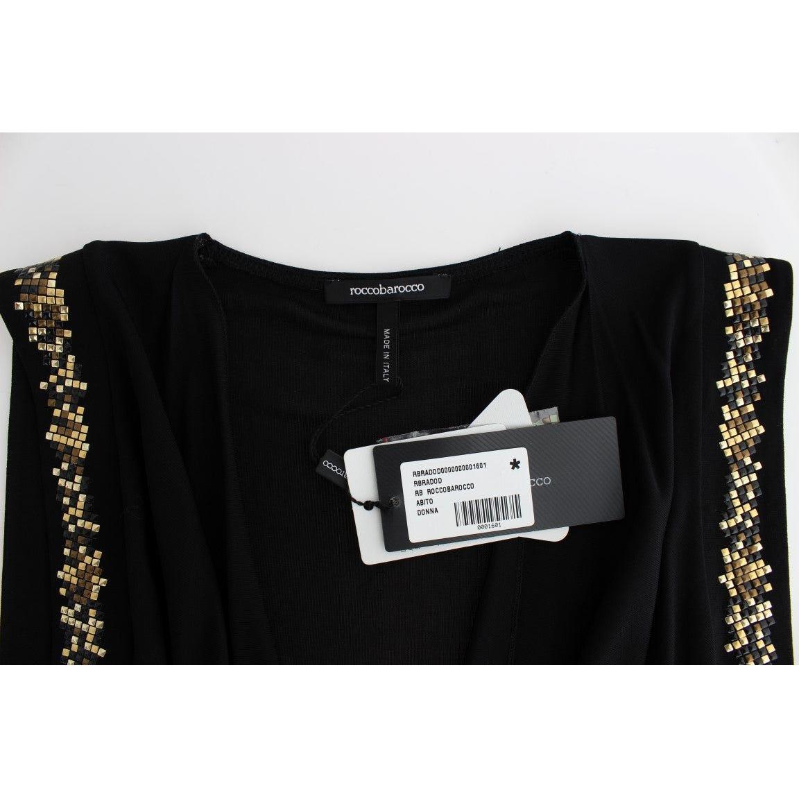 فستان روكوباروكو الأسود القصير الأنيق بدون أكمام مع تفاصيل ذهبية