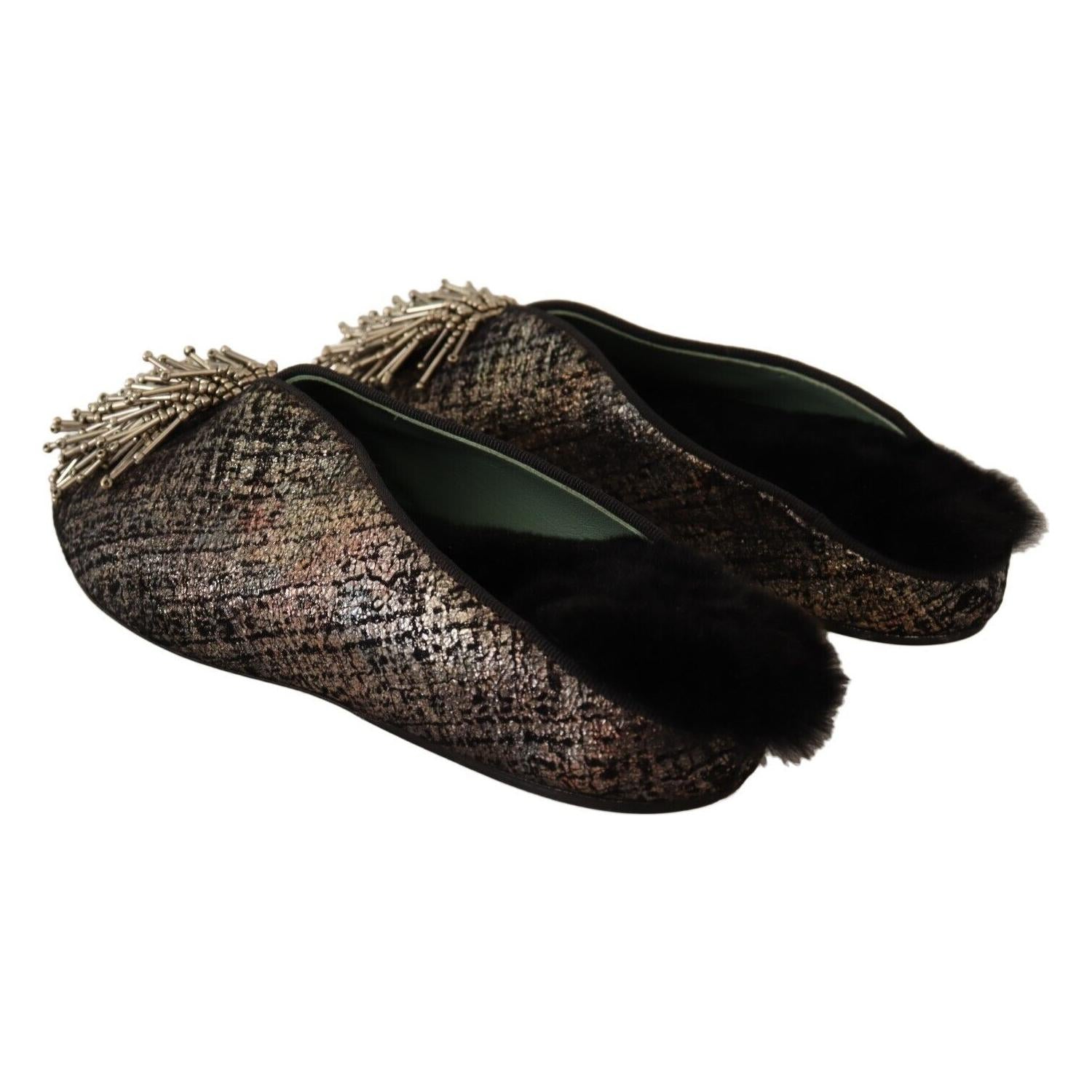 Paola D'Arcano Gold Jacquard Leather Embellished Slip On Shoes