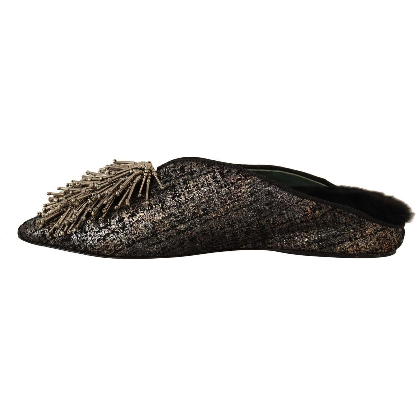 Paola D'Arcano Gold Jacquard Leather Embellished Slip On Shoes
