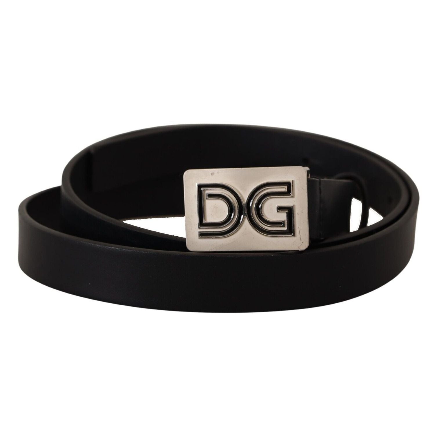 Dolce & Gabbana Black Leather Silver DG Logo Buckle Belt