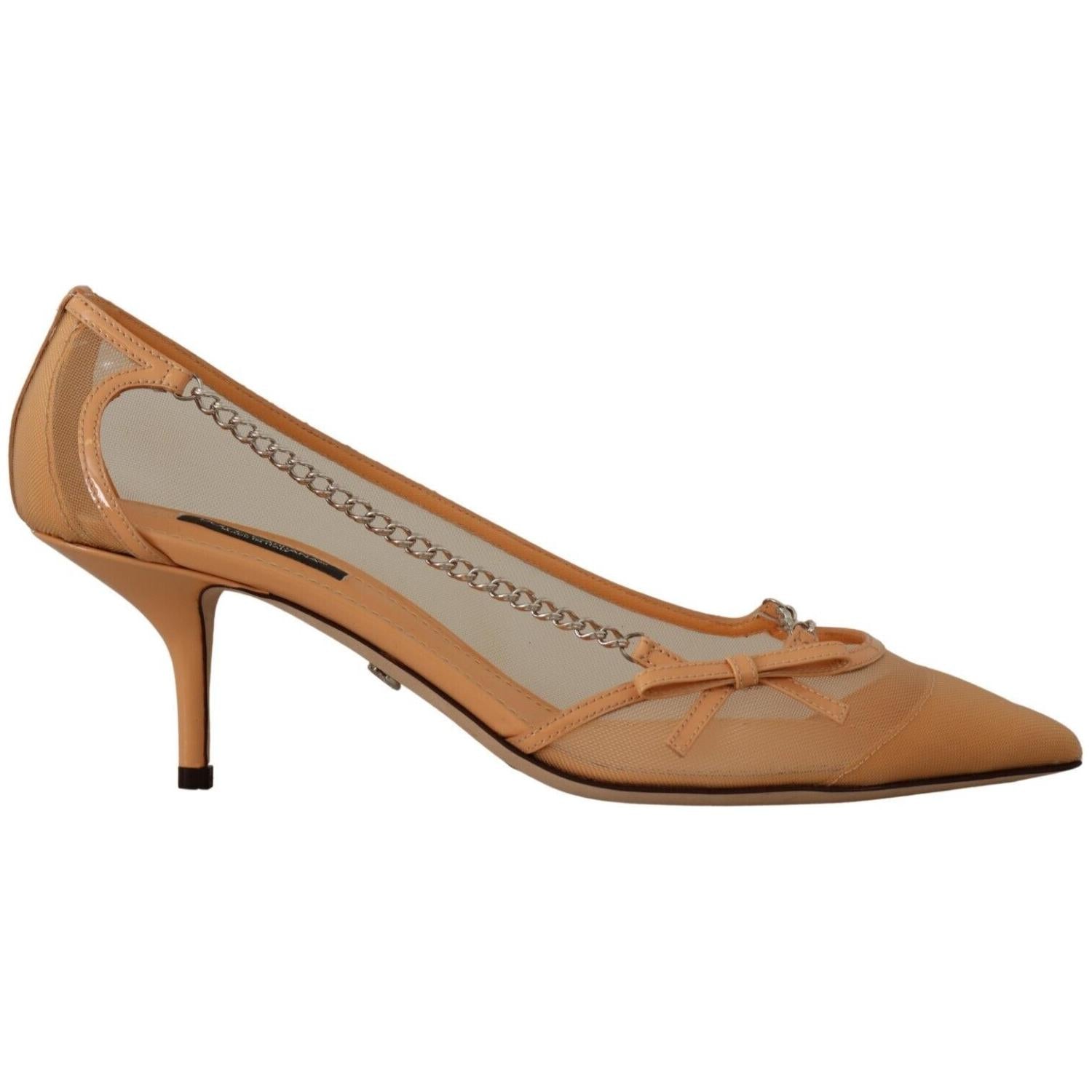 优雅米色网眼高跟鞋，配银链