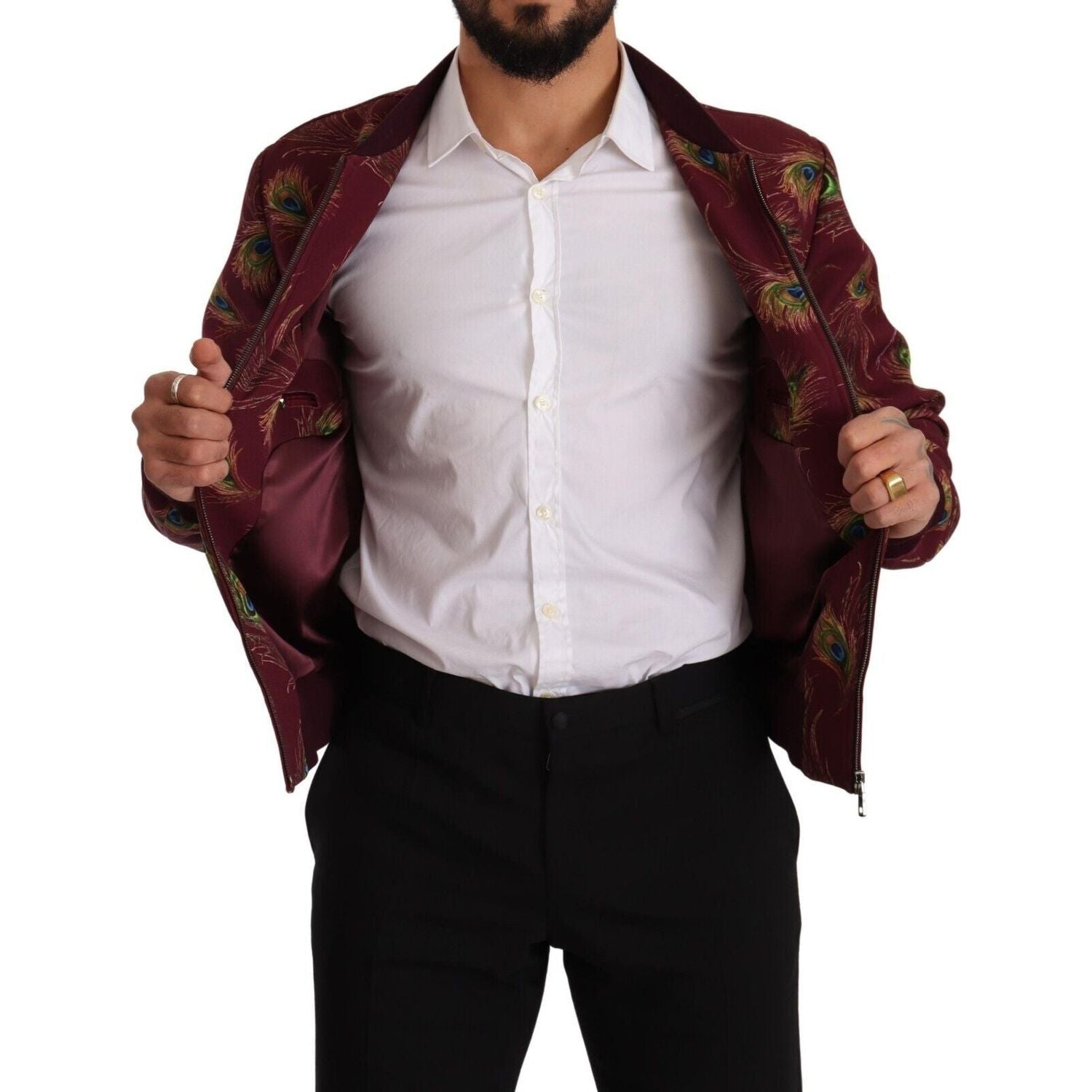 亮红色孔雀印花飞行员夹克