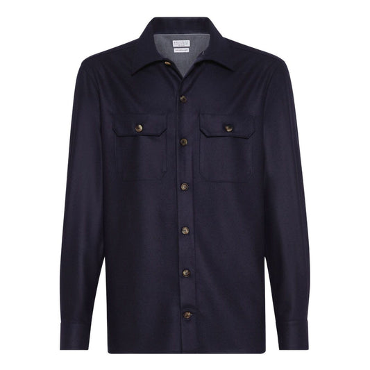 Brunello Cucinelli Shirts Blue, button-up wool shirt with front pockets and long sleeves, perfect for elegant style.