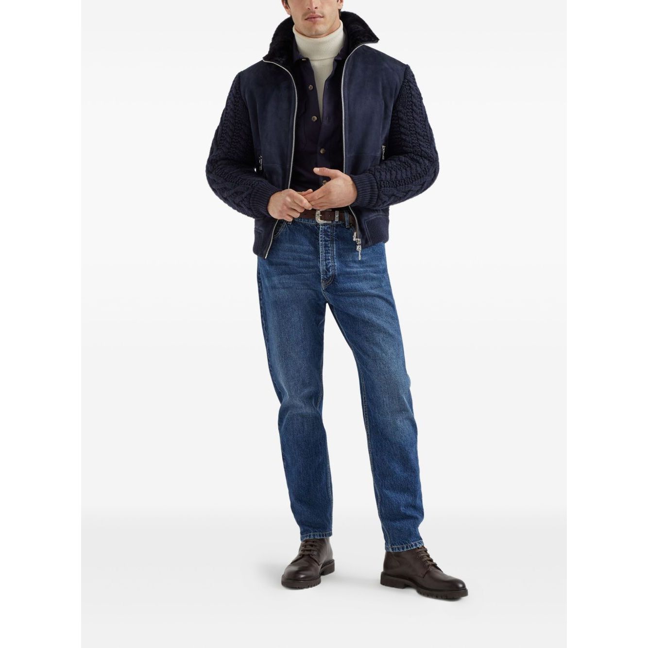 Man wearing Brunello Cucinelli Shirts Blue with jeans and jacket, full body view