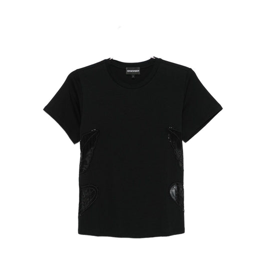 Emporio Armani T-shirts and Polos Black short sleeves, round neck, butterfly embellishment, quilted effect logo cotton T-shirt.