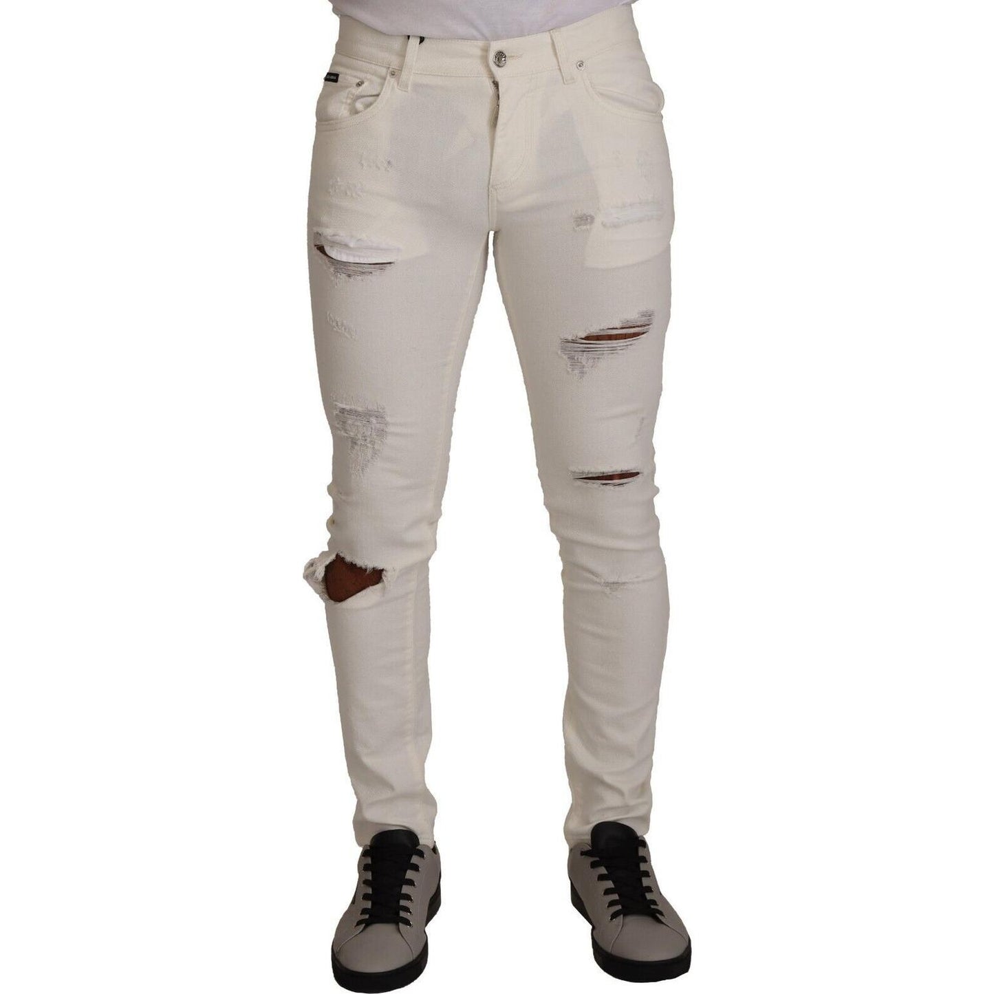 Dolce & Gabbana White Tattered Skinny Cotton Men Denim Jeans