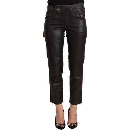 John Galliano Black Glittered Mid Waist Cotton Cropped Pants