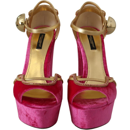 Dolce & Gabbana Pink Velvet Crystal Ankle Strap Sandals Shoes