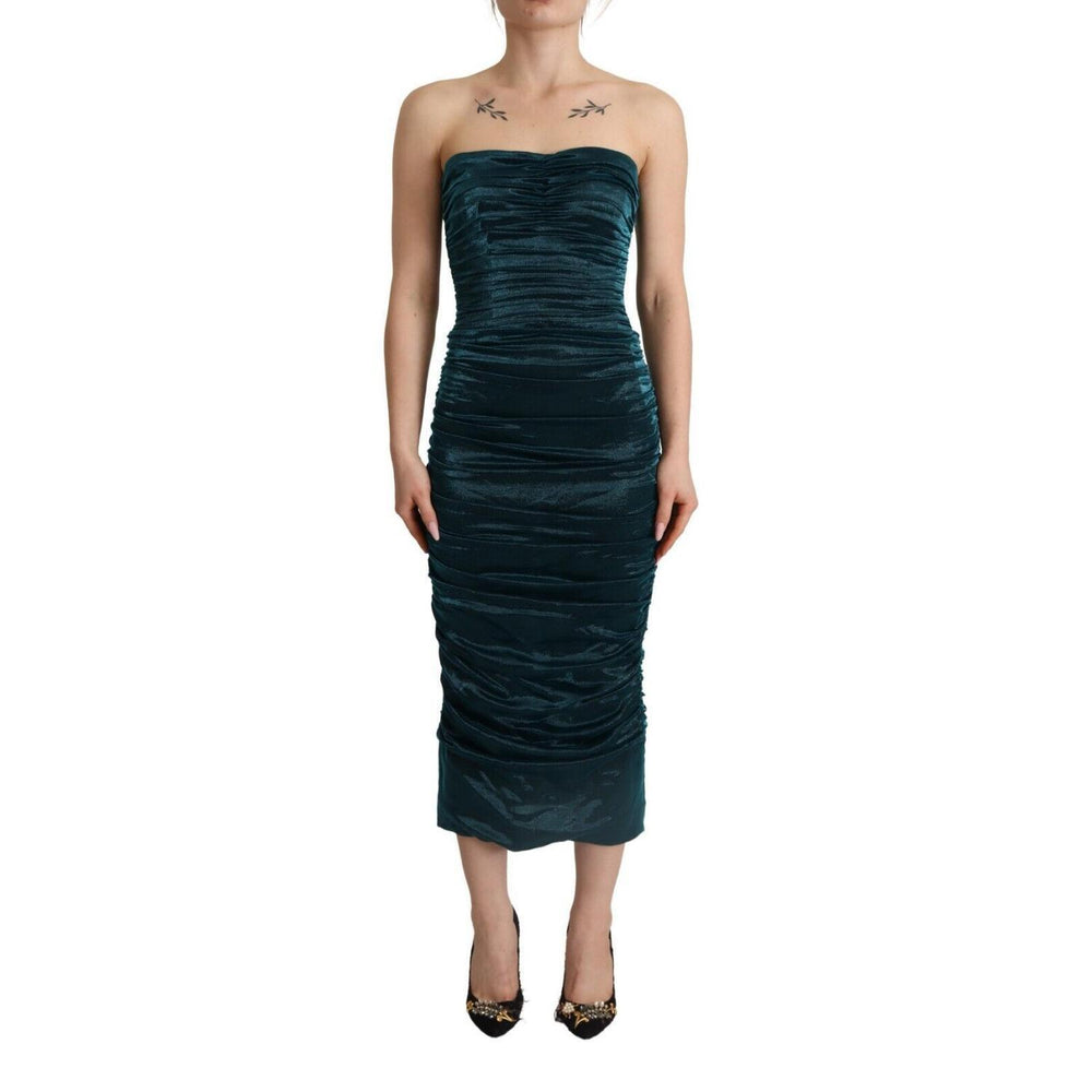 Dolce & Gabbana Turquoise Bustier Bodice Draped Midi Dress