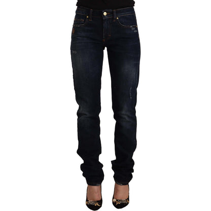 GF Ferre Dark Blue Washed Mid Waist Cotton Denim Skinny Jeans