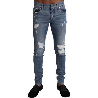 Dolce & Gabbana Light Blue Tattered Cotton Denim Skinny Jeans
