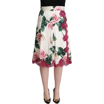 Dolce & Gabbana White Rose Print High Waist Midi A-line Skirt